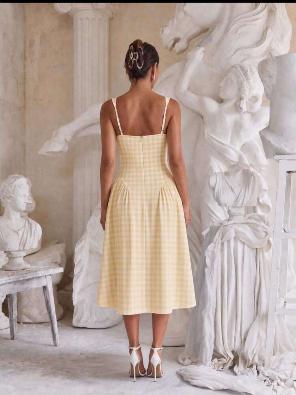 SHEIN Yellow Gingham Square Neck Midi Dress - Picture 2 of 2